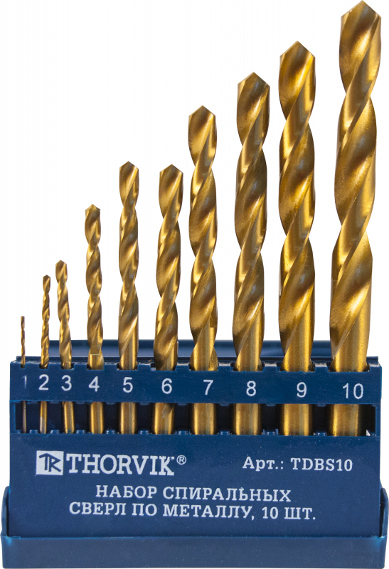 TDBS10 Набор спиральных сверл по металлу HSS TiN в пластиковый кейсе, 10 предметов