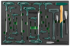 Набор угловых отверток (торцевых ключей), шестигранных и TORX®, молотков и зубил. 21 предмет в EVA ложементе 560х400 мм.