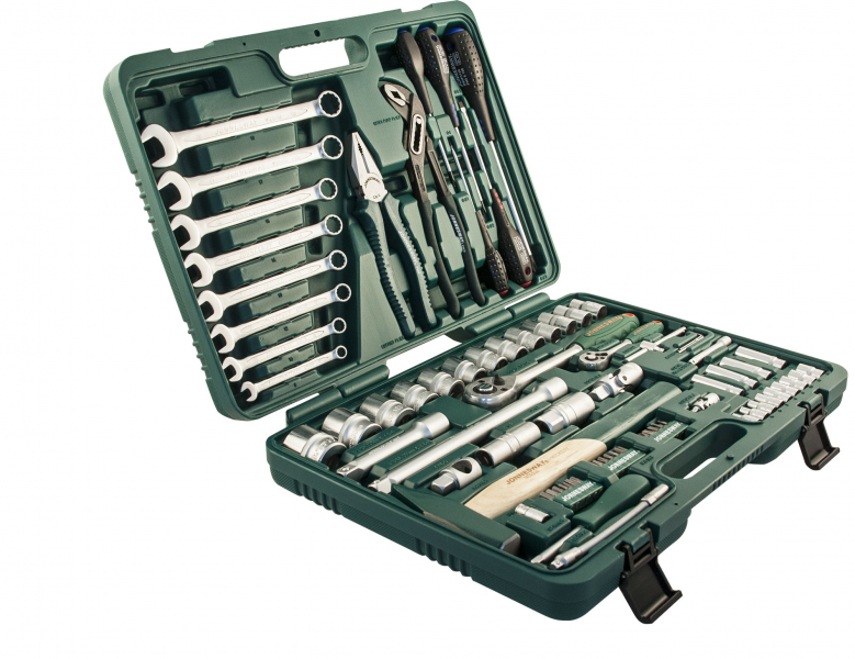 Универсальный набор торцевых головок 1/4"DR 4-13 мм и 1/2"DR 12-32 мм, комбинированных ключей 8-19 мм и отверток, 77 предметов