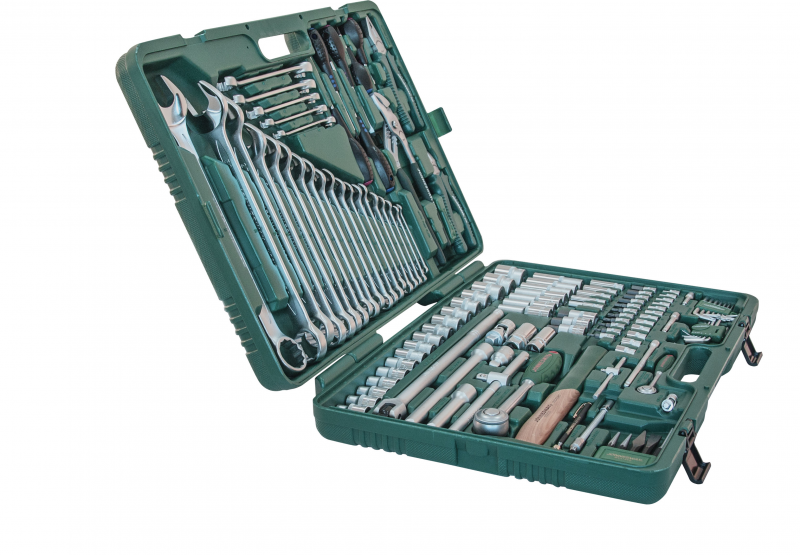 Универсальный набор торцевых головок 1/4"DR 4-13 мм и 1/2"DR 8-32 мм, комбинированных ключей 6-32 мм и отверток, 128 предметов