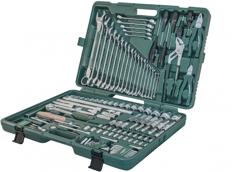 Универсальный набор торцевых головок 1/4"DR 4-13 мм и 1/2"DR 8-32 мм, комбинированных ключей 6-32 мм и отверток, 128 предметов